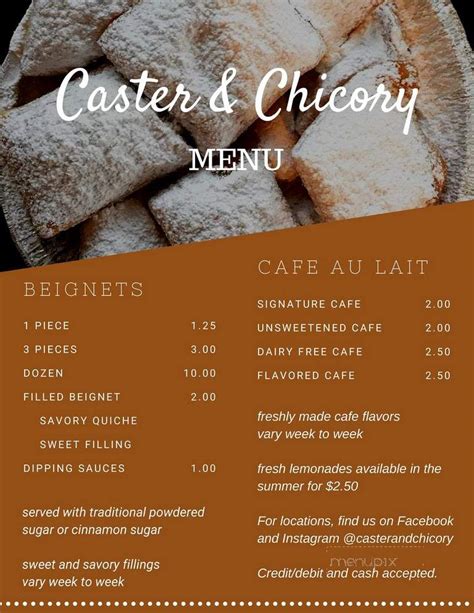 caster and chicory menu <dfn> alk in customers with a great selection of artisan croissants, cinnamon rolls, muffins, bread, cookies, real PUMPKIN SPICE cafe au lait, etc! Pop in and grab a bite to eat (dine in or to go)!Caster and Chicory, West Monroe, Louisiana</dfn>